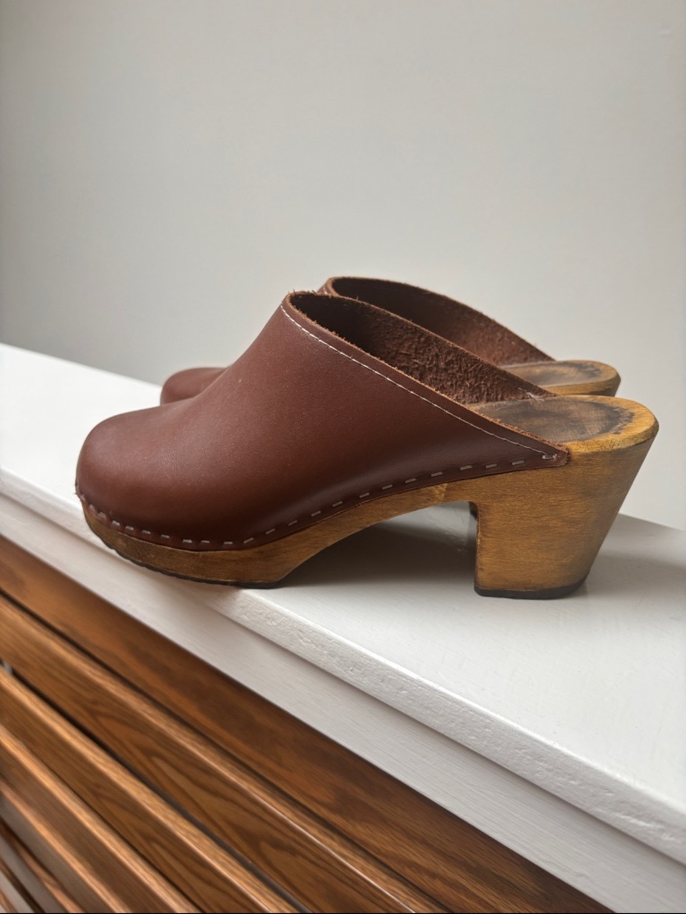 Brown Leather Clog Mule with Wooden Heel